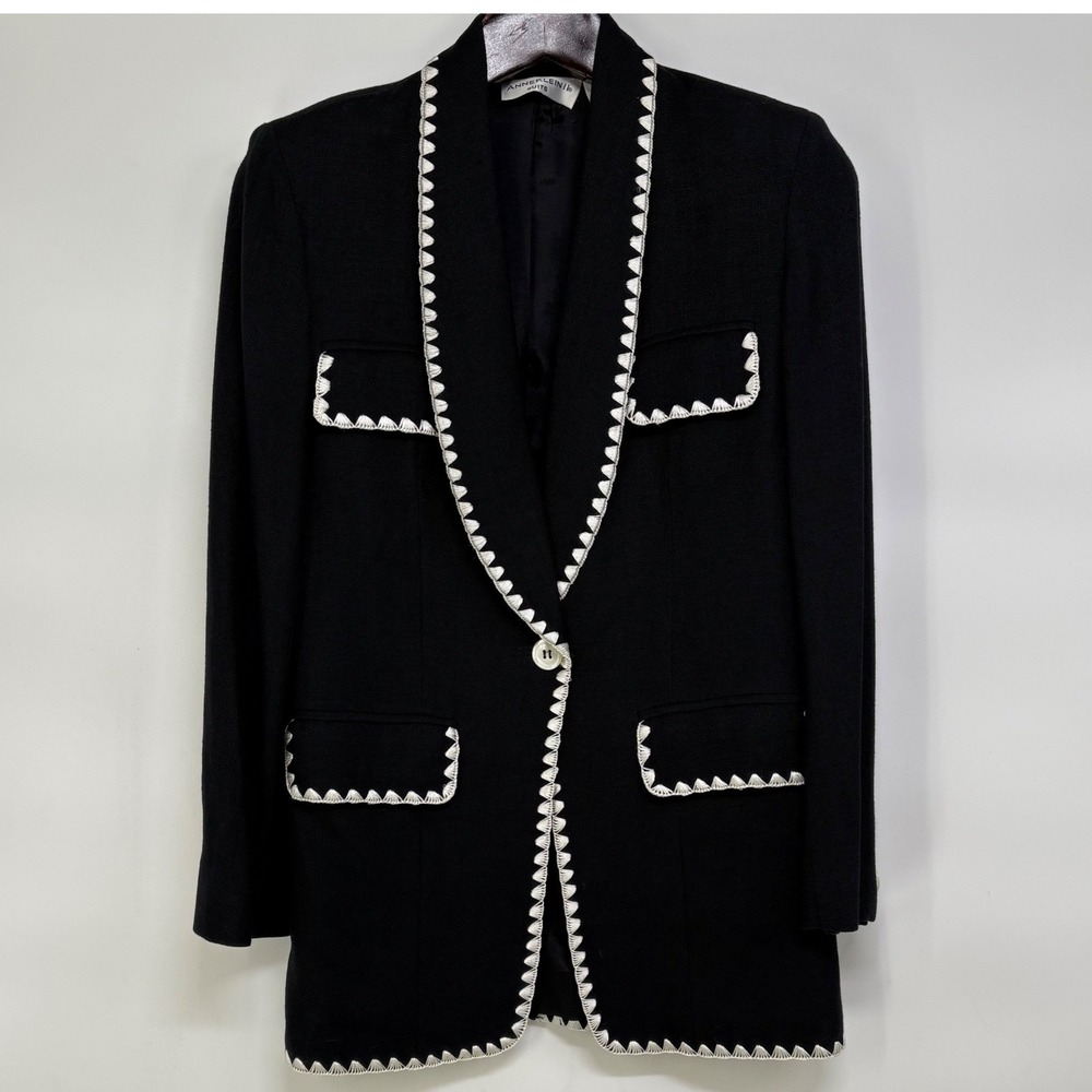Anne Klein II Vintage Black Blazer White Contrast Blanket Stitch Size 6 USA